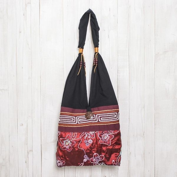 Alternate image for Black and Red Cotton with Floral Pattern Shoulder Bag Glittering Red Flower