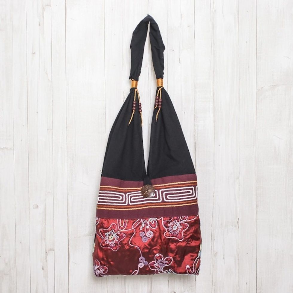 Black and Red Cotton with Floral Pattern Shoulder Bag 'Glittering Red Flower'