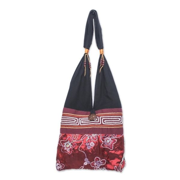 Alternate image for Black and Red Cotton with Floral Pattern Shoulder Bag Glittering Red Flower