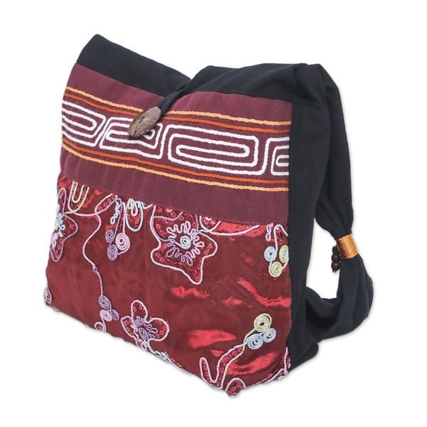 Alternate image for Black and Red Cotton with Floral Pattern Shoulder Bag Glittering Red Flower