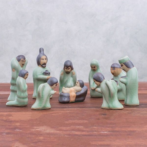 Alternate image for Celadon Ceramic Nativity Scene from Thailand 10 Piece Nativity of Love
