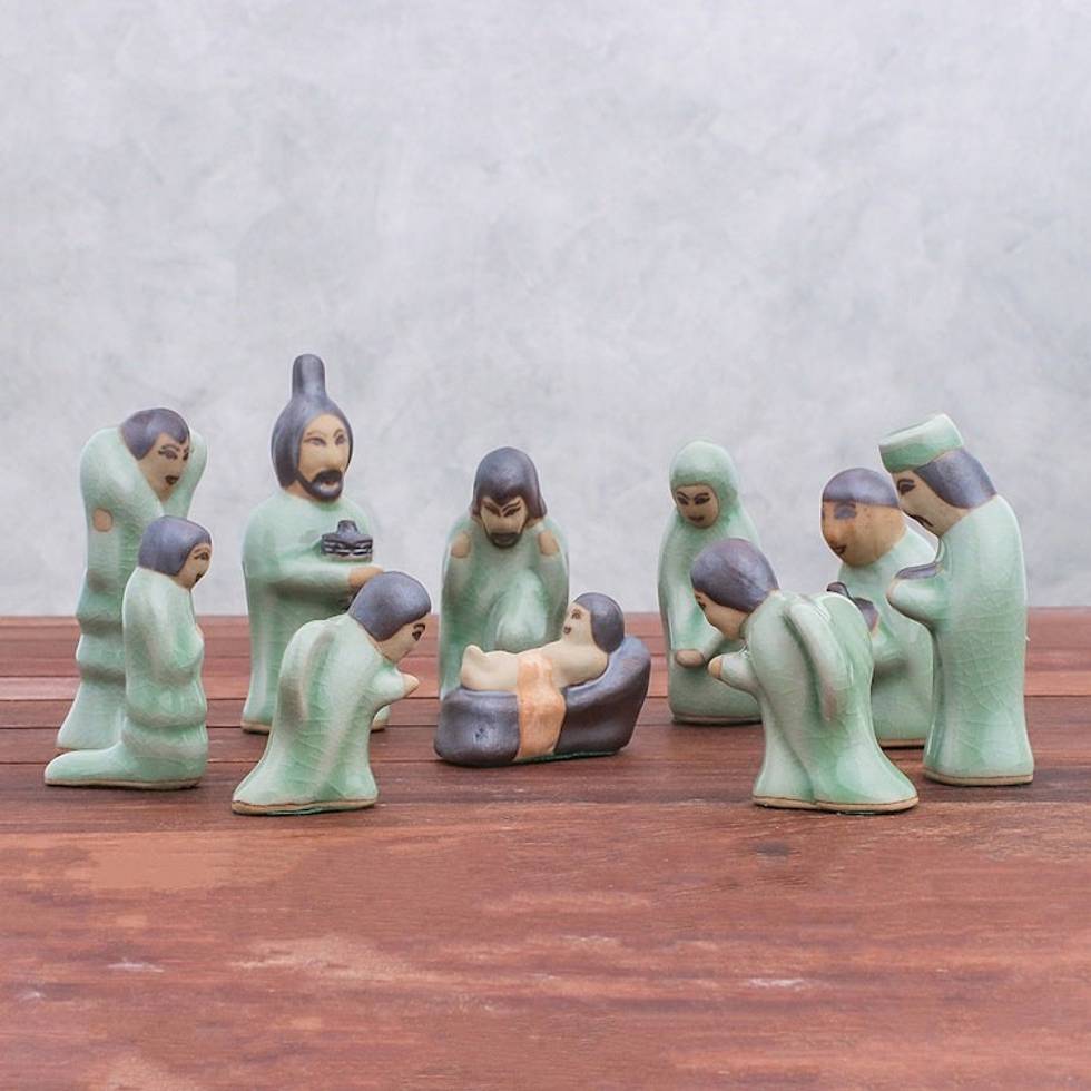 Celadon Ceramic Nativity Scene from Thailand 10 Piece 'Nativity of Love'