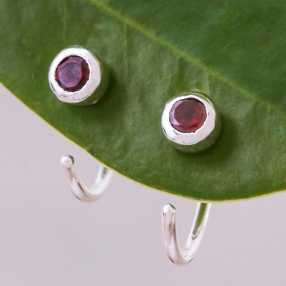 Petite Thai Sterling Silver Half-Hoop Earrings with Garnets 'Back to Front'