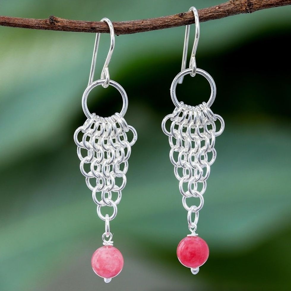 Pink Jade Dangle Earrings with Sterling Rings from Thailand 'Ring Composition'