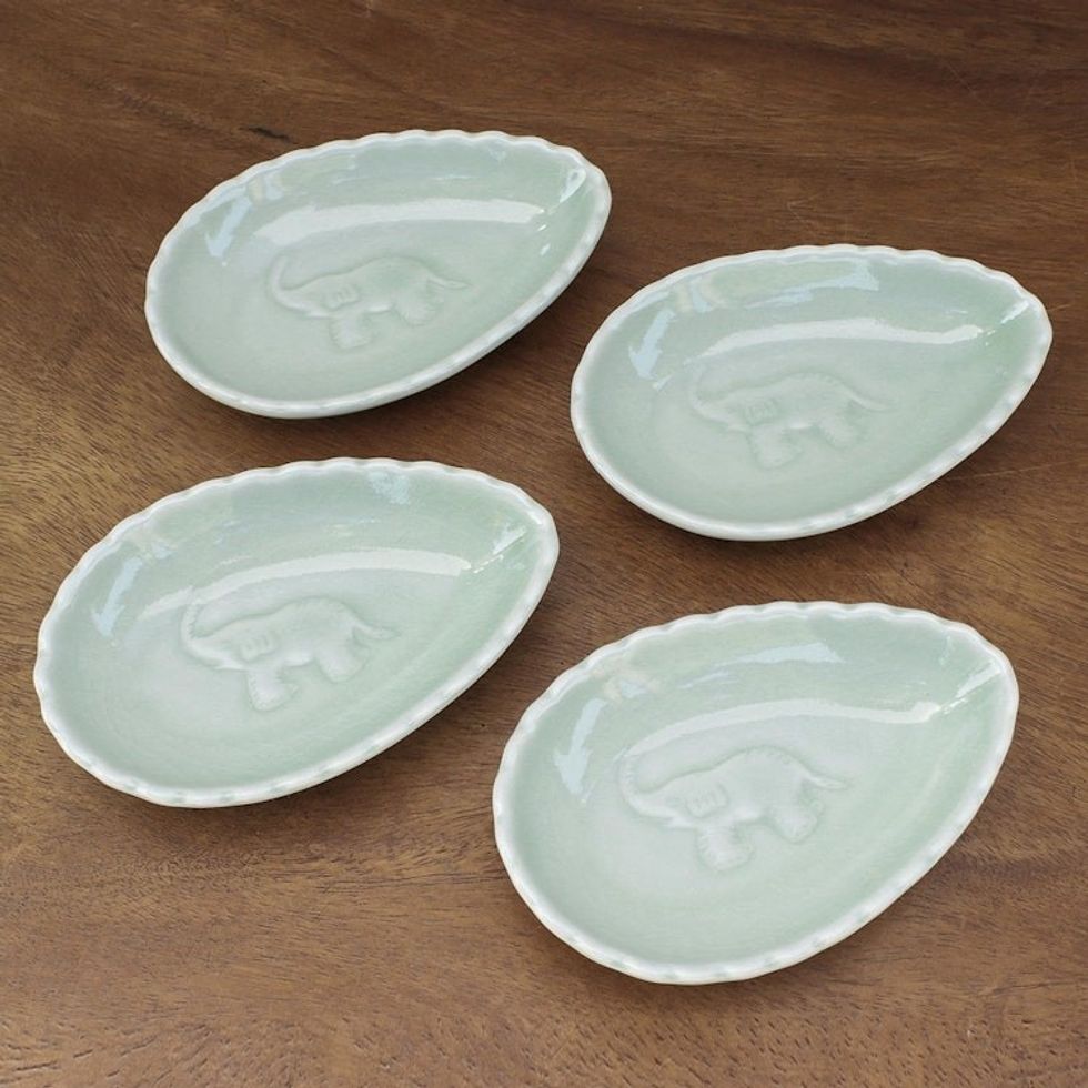 Elephant-Themed Celadon Ceramic Condiment Bowls Set of 4 'Elephant Eggs'