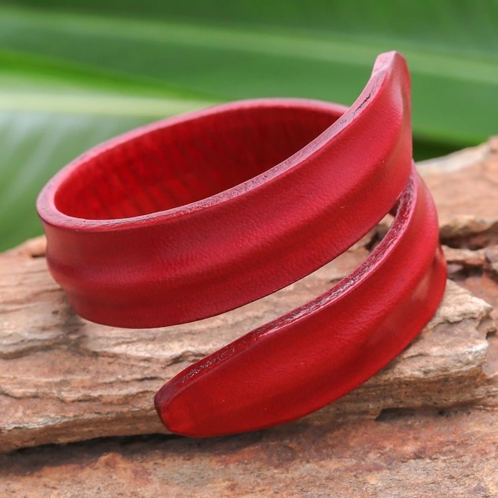 Modern Leather Wrap Bracelet in Red from Thailand 'Simple Caress in Red'