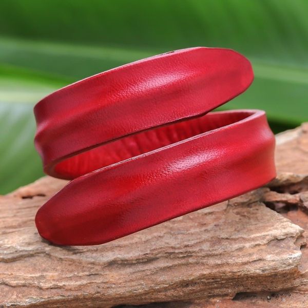 Alternate image for Modern Leather Wrap Bracelet in Red from Thailand Simple Caress in Red
