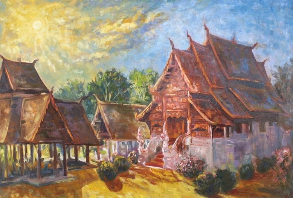 Buddhist Temple Landscape Painting in Oil on Canvas 'Wat Ton Kwen Chiang Mai'