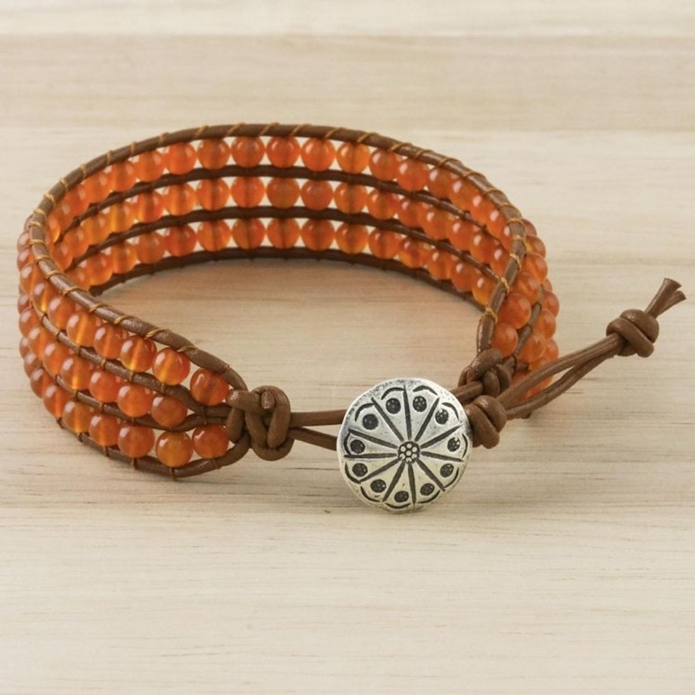 Carnelian Bead and Karen Silver Button Wristband Bracelet 'Sunlit Dawn'