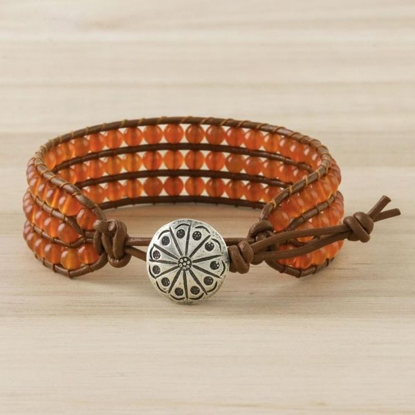 Alternate image for Carnelian Bead and Karen Silver Button Wristband Bracelet Sunlit Dawn