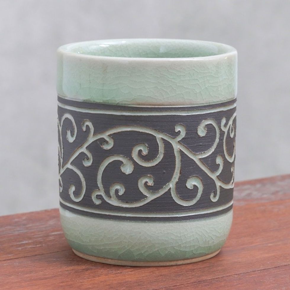 Aqua Celadon Ceramic Teacup from Thailand 'Kanok Tendrils'