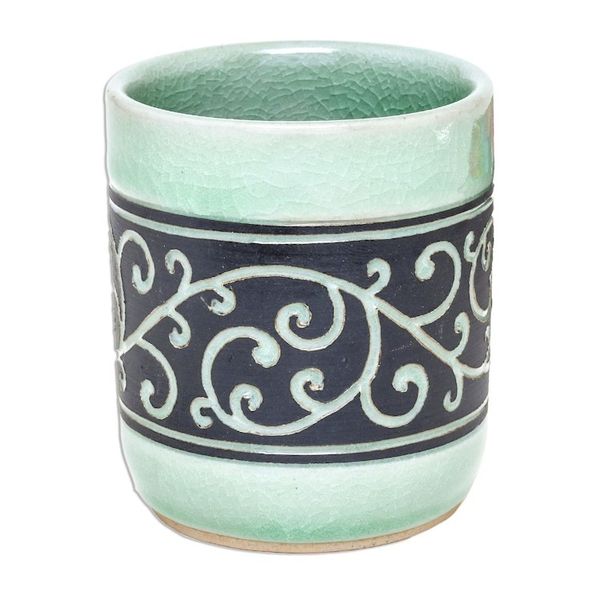 Alternate image for Aqua Celadon Ceramic Teacup from Thailand Kanok Tendrils
