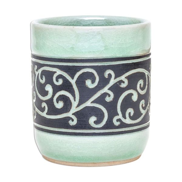 Alternate image for Aqua Celadon Ceramic Teacup from Thailand Kanok Tendrils