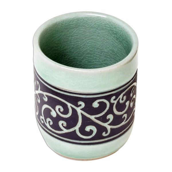 Alternate image for Aqua Celadon Ceramic Teacup from Thailand Kanok Tendrils