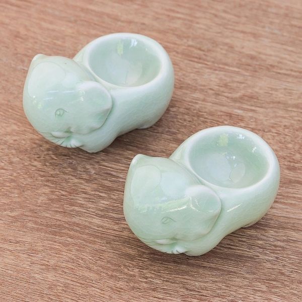 Alternate image for Celadon Ceramic Elephant Egg Cups from Thailand Pair Elephant Sisters