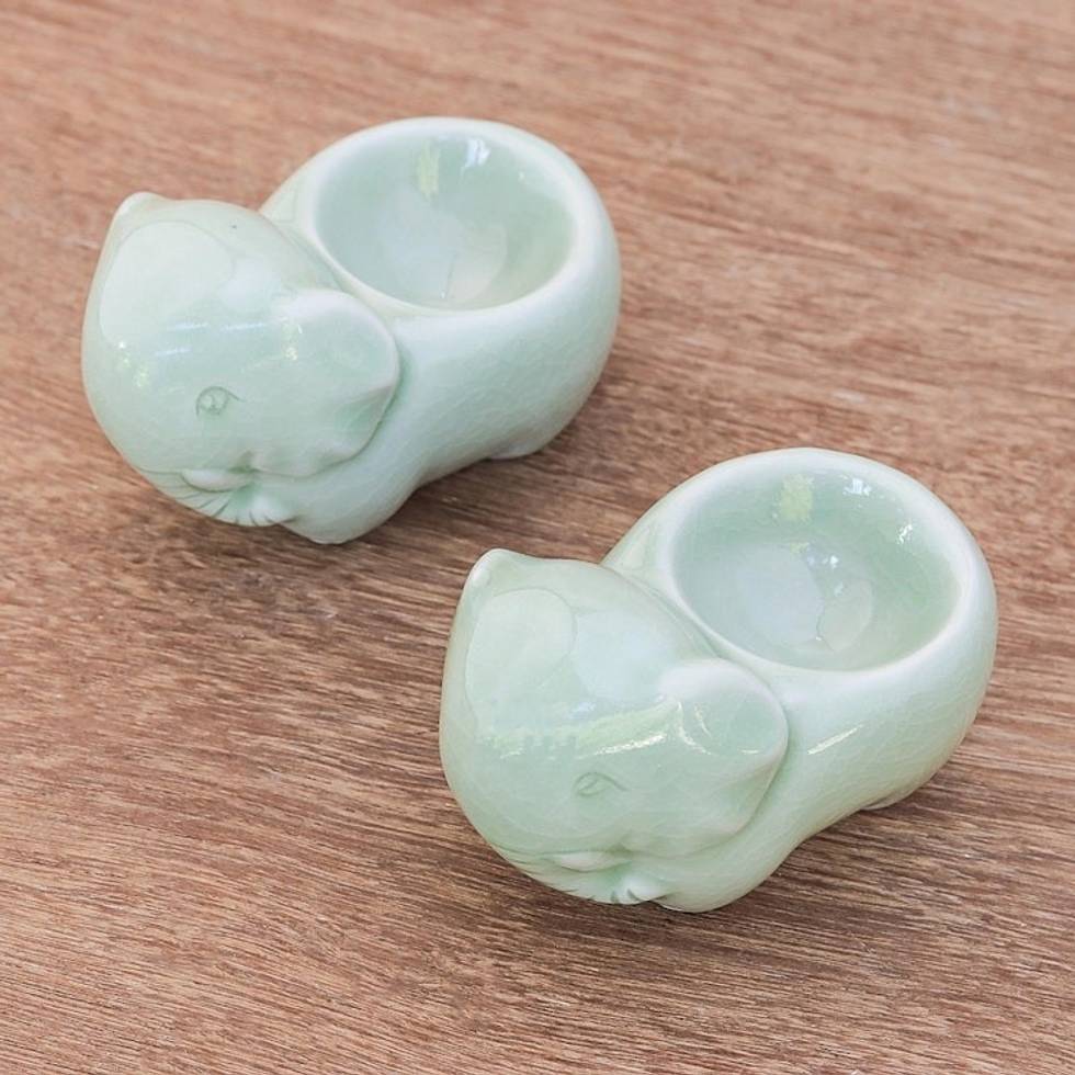 Celadon Ceramic Elephant Egg Cups from Thailand Pair 'Elephant Sisters'