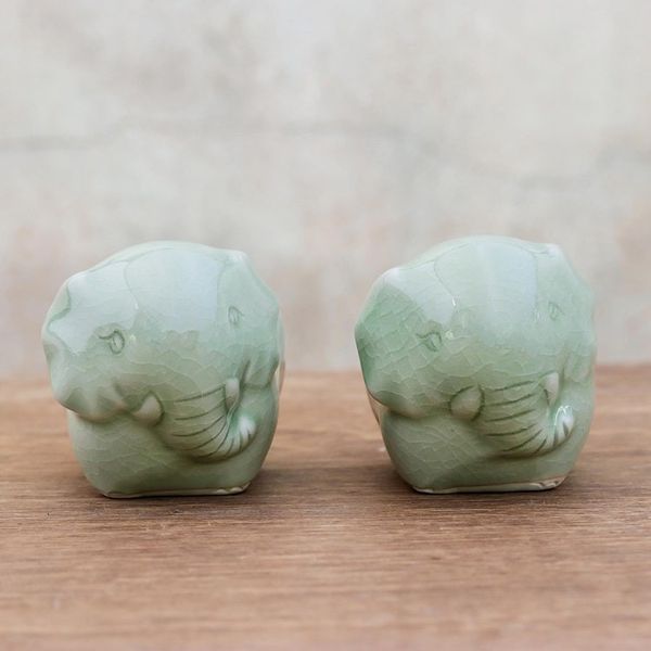 Alternate image for Celadon Ceramic Elephant Egg Cups from Thailand Pair Elephant Sisters