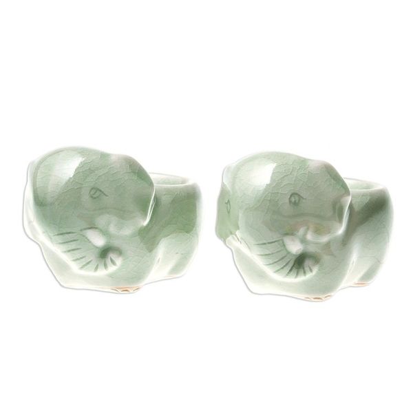 Alternate image for Celadon Ceramic Elephant Egg Cups from Thailand Pair Elephant Sisters