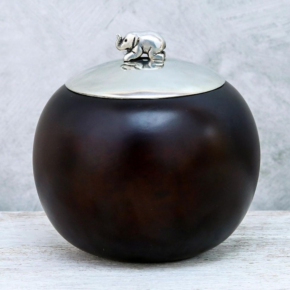 Wood and Pewter Elephant Decorative Jar 4 in. 'Elephant Orb'