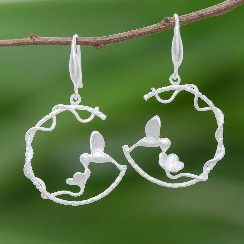 Hummingbird-Themed Sterling Silver Dangle Earrings 'Hummingbird Loops'