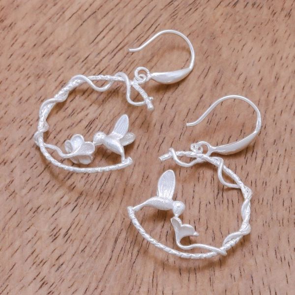 Alternate image for Hummingbird-Themed Sterling Silver Dangle Earrings Hummingbird Loops