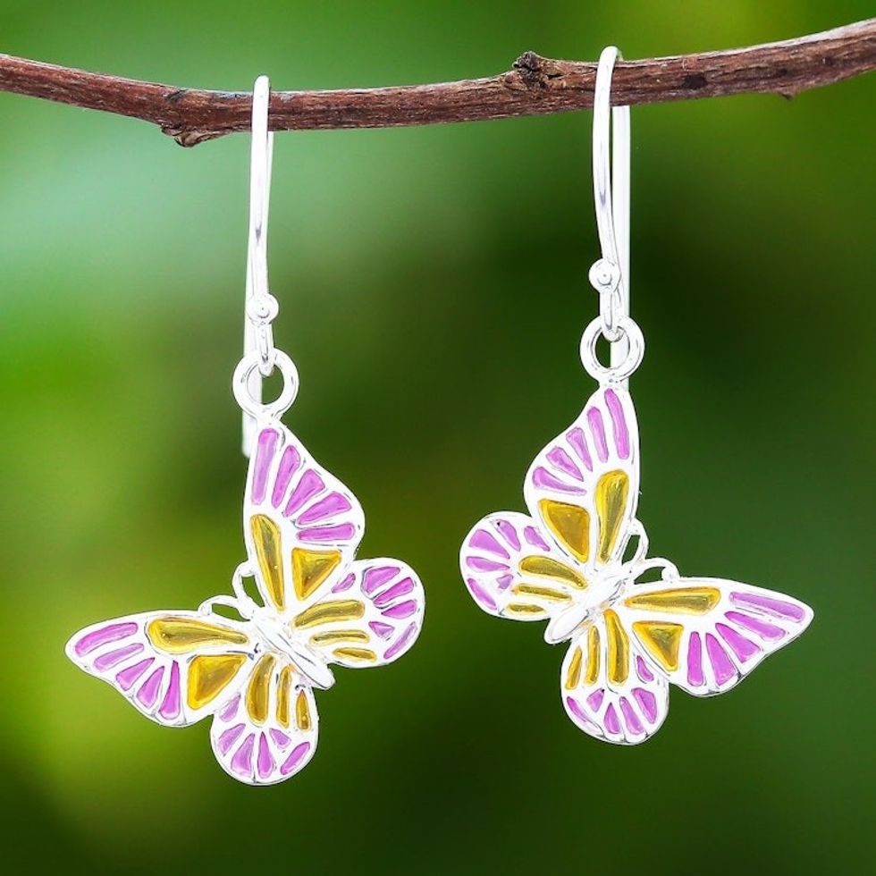 Pink and Yellow Sterling Silver Butterfly Dangle Earrings 'Sweet Butterflies'