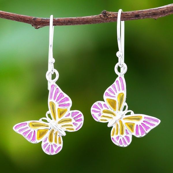 Alternate image for Pink and Yellow Sterling Silver Butterfly Dangle Earrings Sweet Butterflies