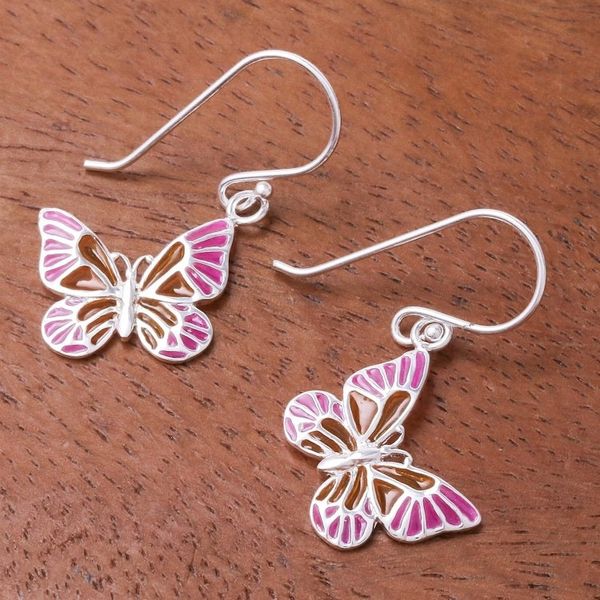 Alternate image for Pink and Yellow Sterling Silver Butterfly Dangle Earrings Sweet Butterflies