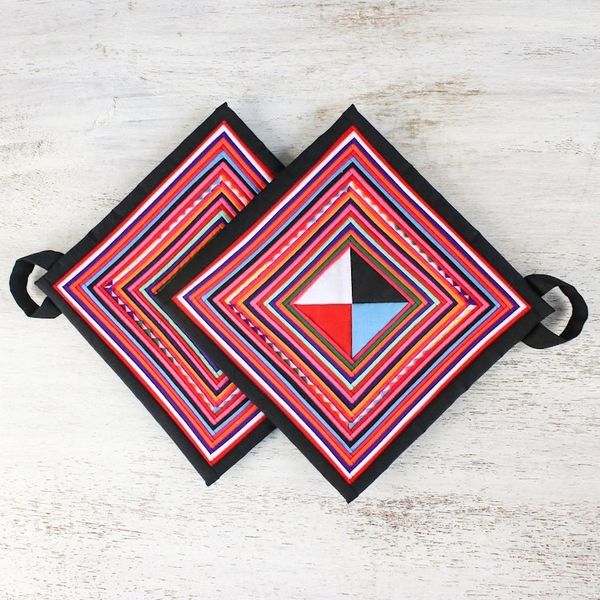 Alternate image for Pair of Handmade Cotton Blend Trivets from Thailand Lahu Cooking in Black