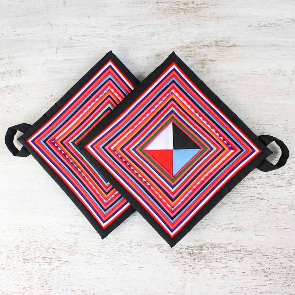 Pair of Handmade Cotton Blend Trivets from Thailand 'Lahu Cooking in Black'