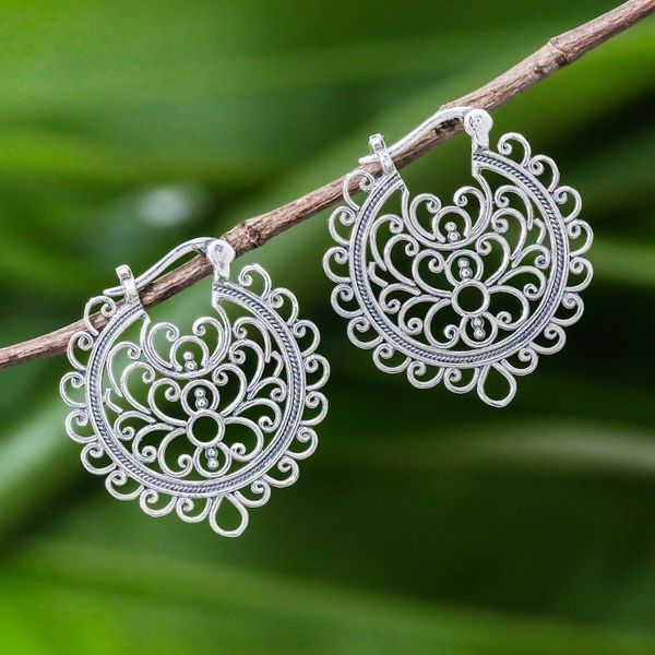 Alternate image for Artisan Crafted Sterling Silver Hoop Earrings from Thailand Classic Swirls