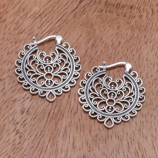 Alternate image for Artisan Crafted Sterling Silver Hoop Earrings from Thailand Classic Swirls