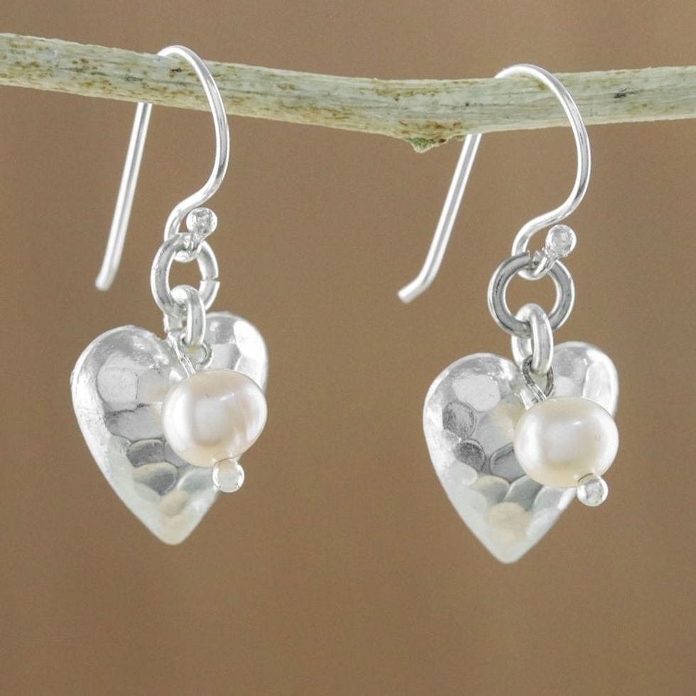 Cultured Pearl and Silver Heart Earrings from Thailand 'Fabulous Hearts'