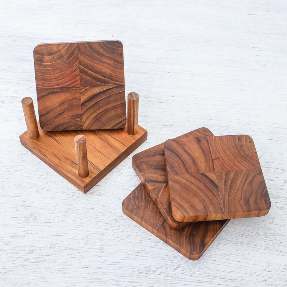Handmade Teak Wood Coasters from Thailand Set of 4 'Deep Nature'