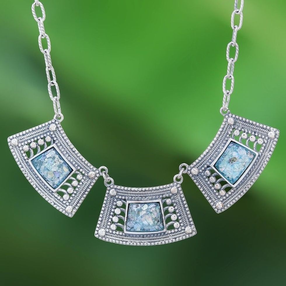 Handcrafted Thai Sterling Silver and Roman Glass Necklace 'Ancient Sky'