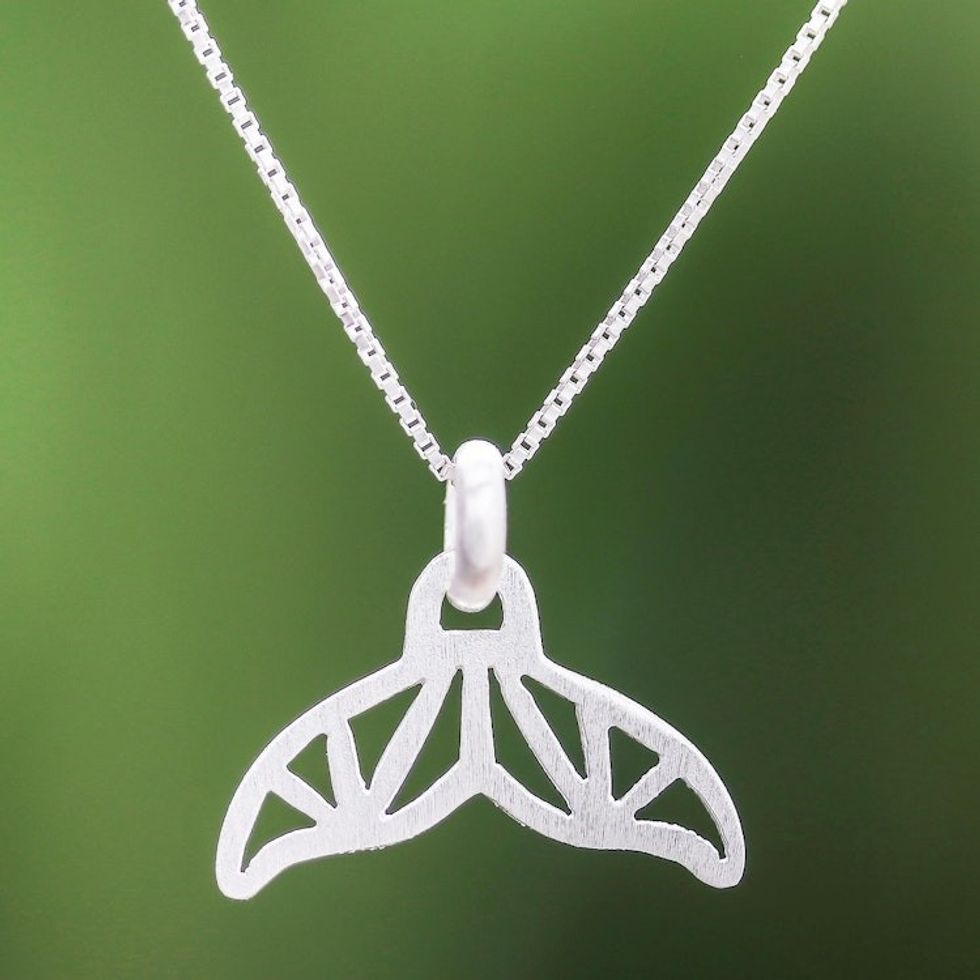 Brushed-Satin Sterling Silver Whale Tail Pendant Necklace 'Geometric Whale Tail'