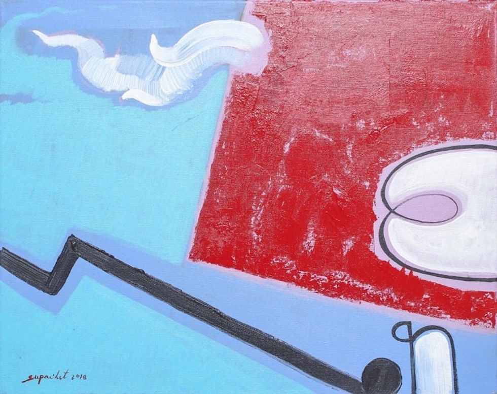 Signed Architectural Naif Painting from Thailand 'Thai Letter'