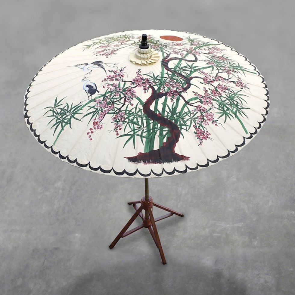 Crane-Themed Cotton and Bamboo Parasol in White 'Appealing Nature'