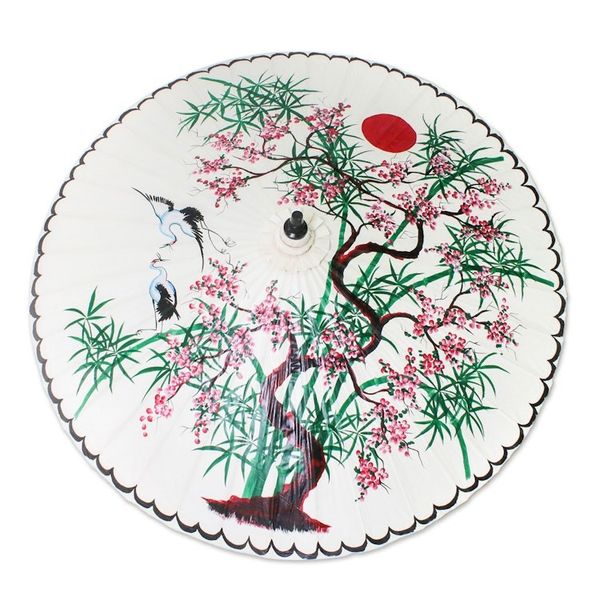 Alternate image for Crane-Themed Cotton and Bamboo Parasol in White Appealing Nature