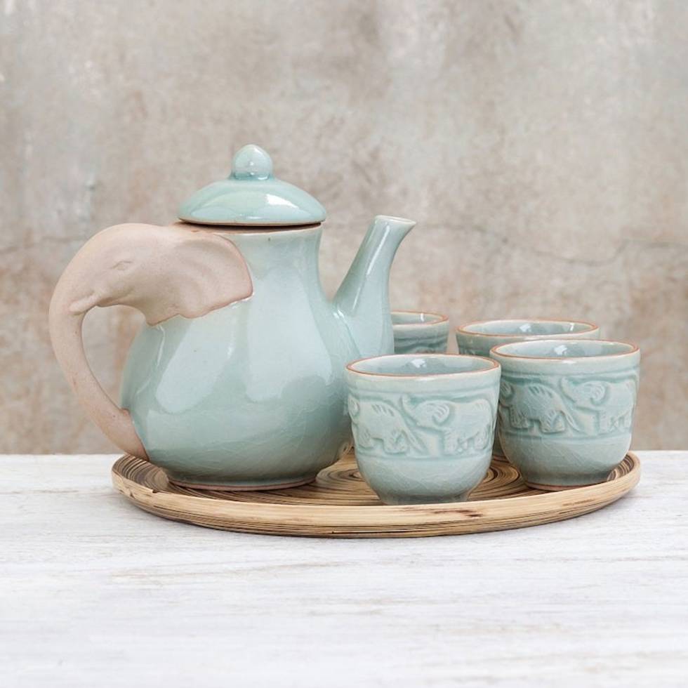 Elephant-Themed Celadon Ceramic Tea Set 6 Piece 'Elephant Gathering'