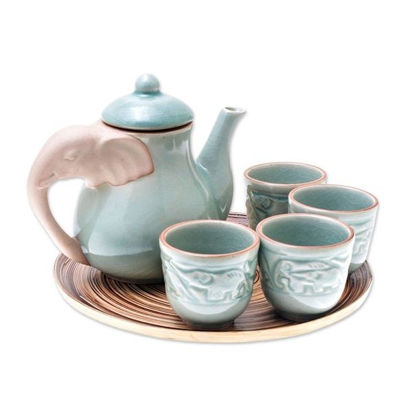 Alternate image for Elephant-Themed Celadon Ceramic Tea Set 6 Piece Elephant Gathering