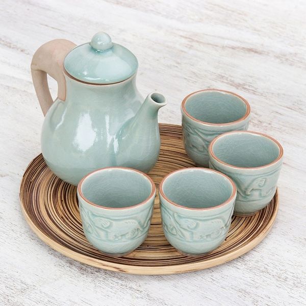 Alternate image for Elephant-Themed Celadon Ceramic Tea Set 6 Piece Elephant Gathering