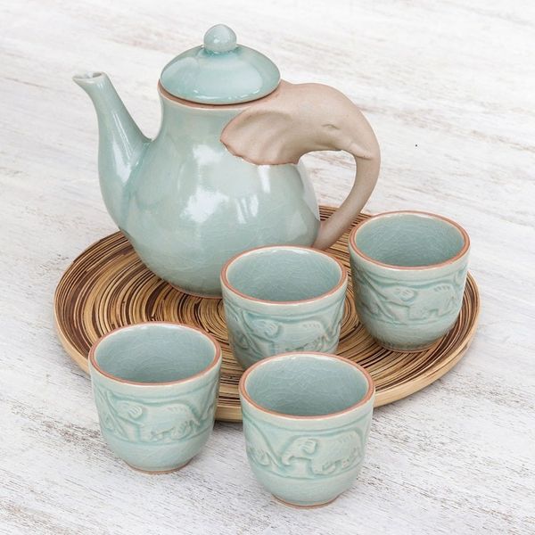 Alternate image for Elephant-Themed Celadon Ceramic Tea Set 6 Piece Elephant Gathering