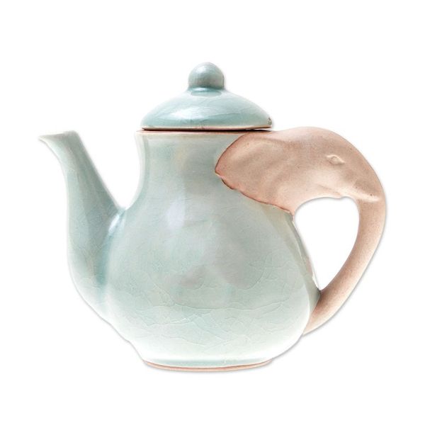 Alternate image for Elephant-Themed Celadon Ceramic Tea Set 6 Piece Elephant Gathering