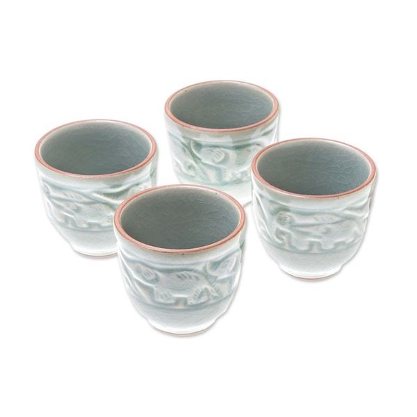 Alternate image for Elephant-Themed Celadon Ceramic Tea Set 6 Piece Elephant Gathering