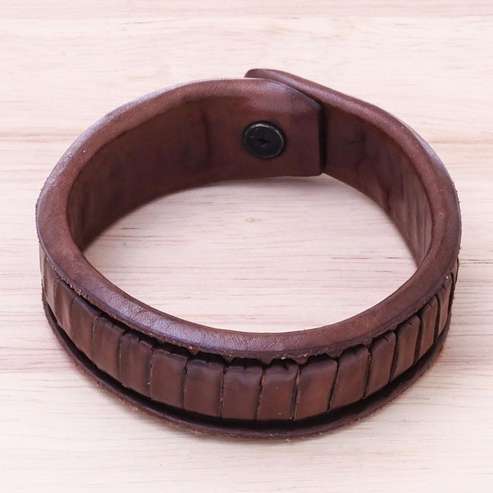 Patterned Leather Wristband Bracelet Crafted in Thailand 'The Ladder'