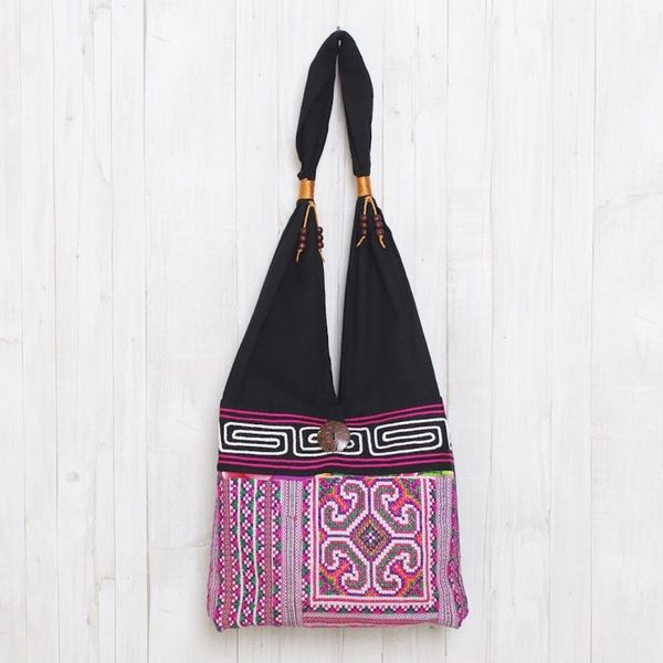 Alternate image for Pink and Black Boho-Chic Cotton Shoulder Bag from Thailand Thai Brilliance