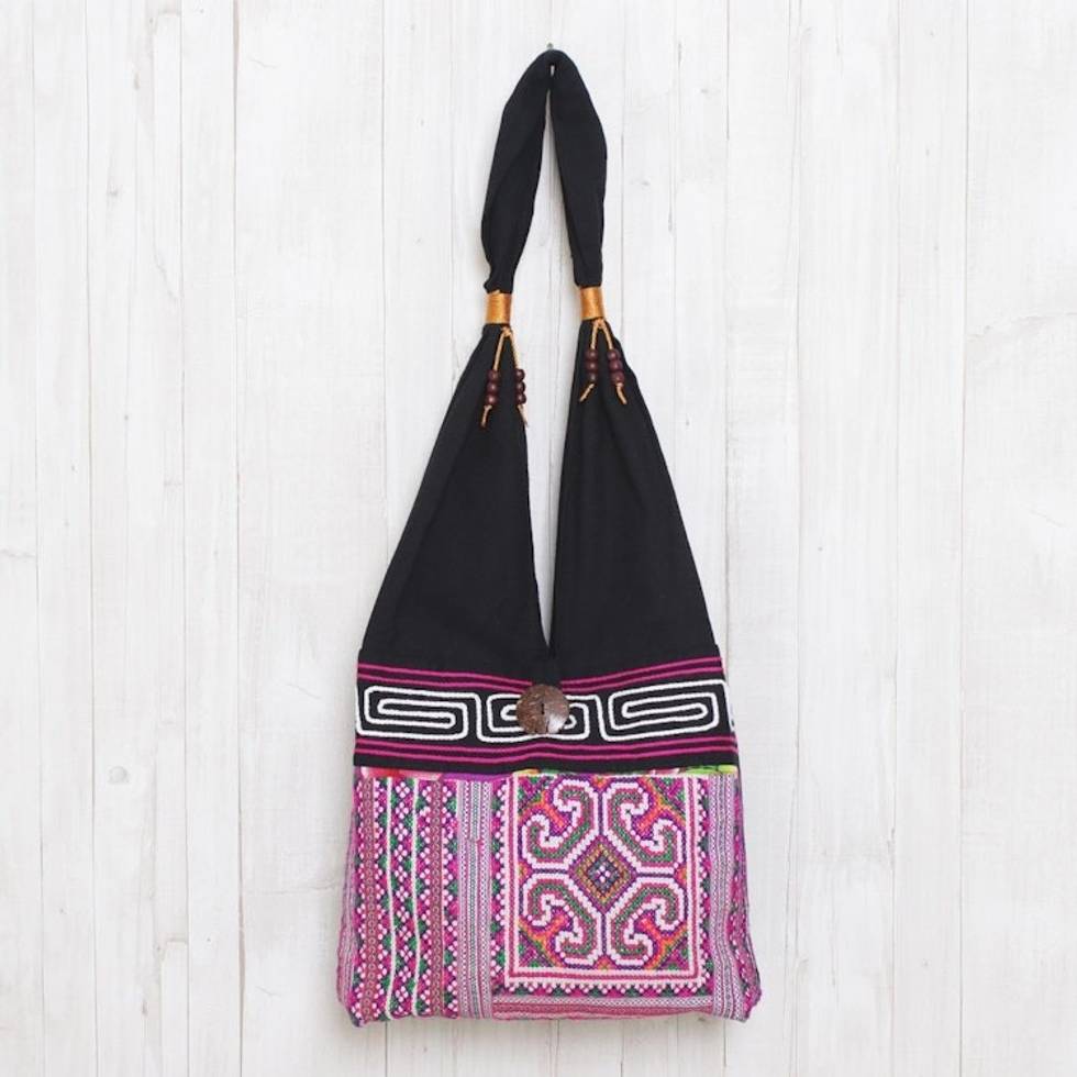 Pink and Black Boho-Chic Cotton Shoulder Bag from Thailand 'Thai Brilliance'