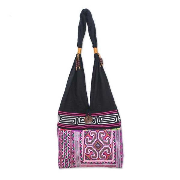 Alternate image for Pink and Black Boho-Chic Cotton Shoulder Bag from Thailand Thai Brilliance