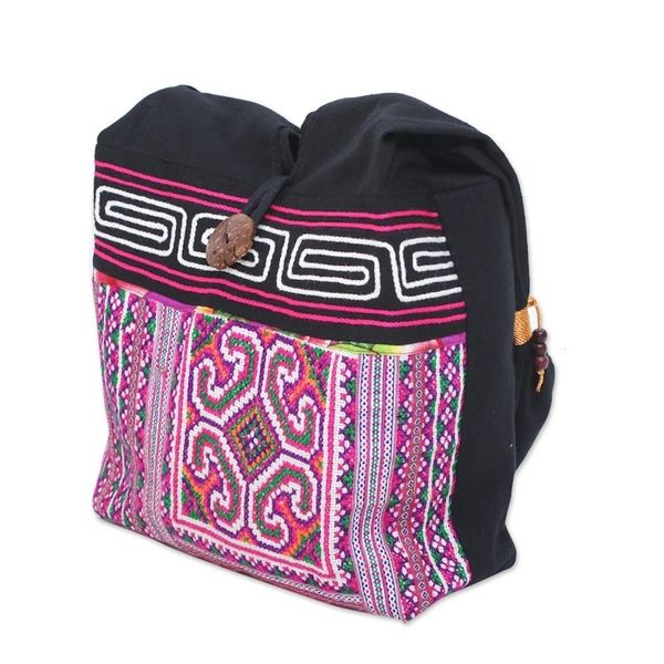 Alternate image for Pink and Black Boho-Chic Cotton Shoulder Bag from Thailand Thai Brilliance